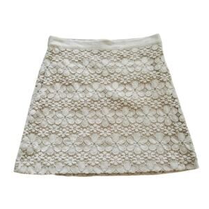 Loft Mini Skirt Cream Floral Lace Crochet Exposed Zipper Lined Petite 10P NEW